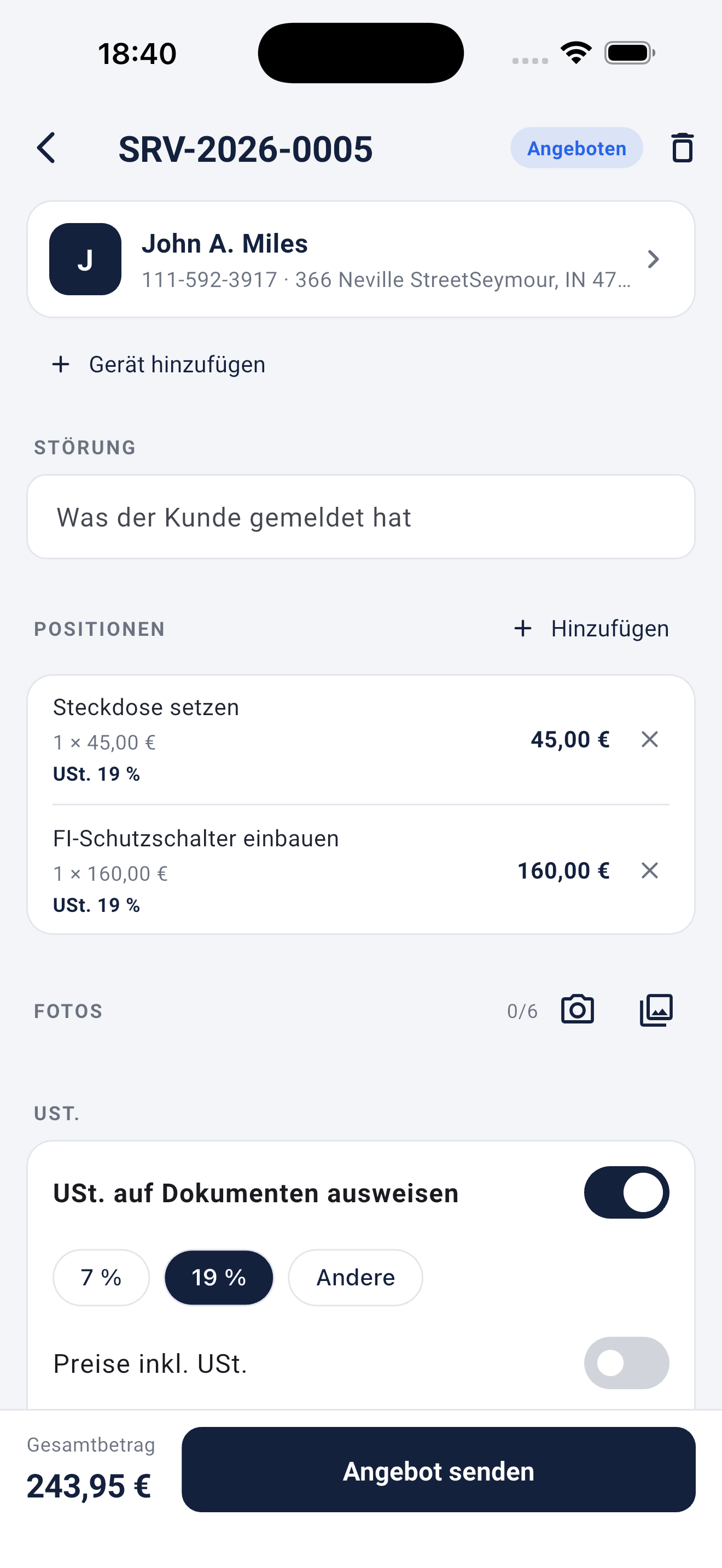 Angebot mit Positionen und Gesamtbetrag