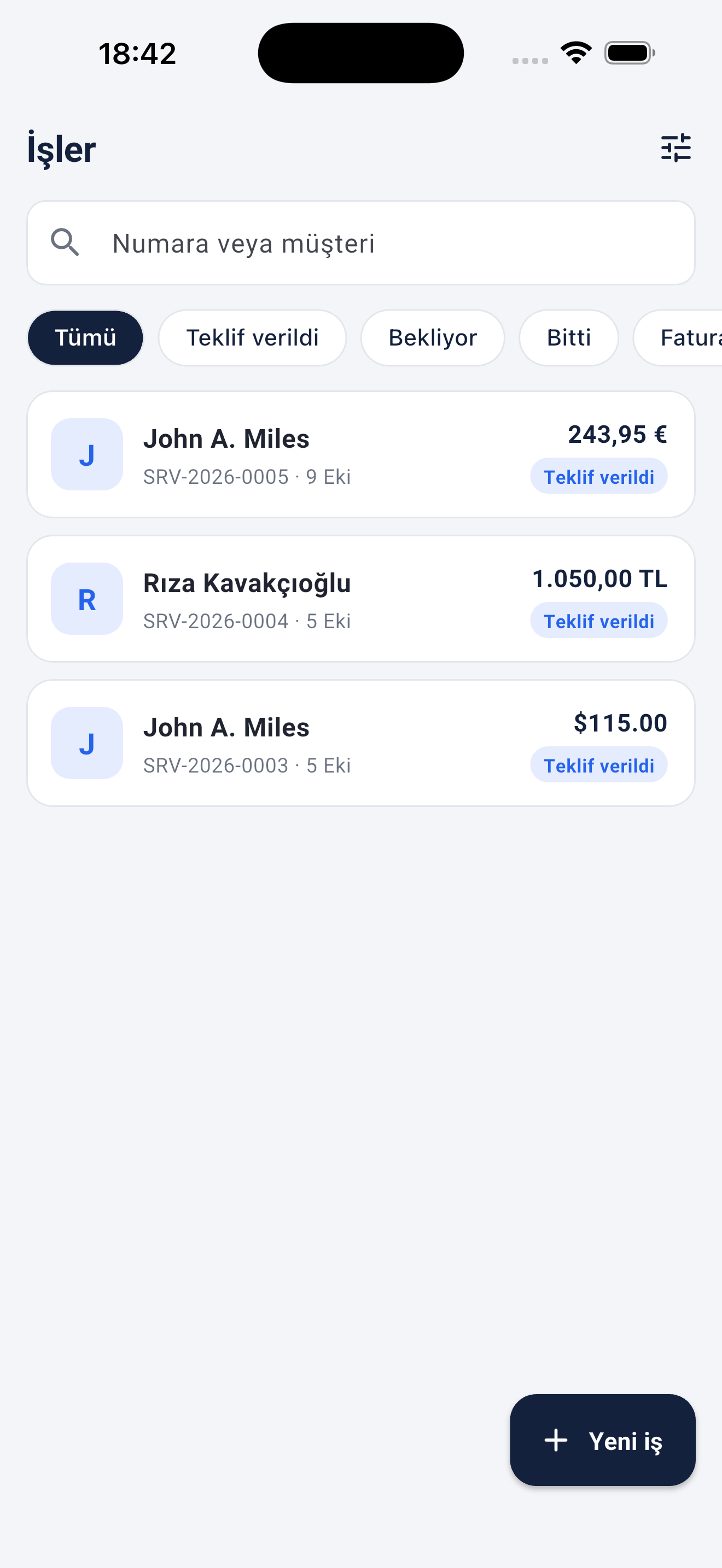 Servis Teklif iş listesi, verilmiş teklifler