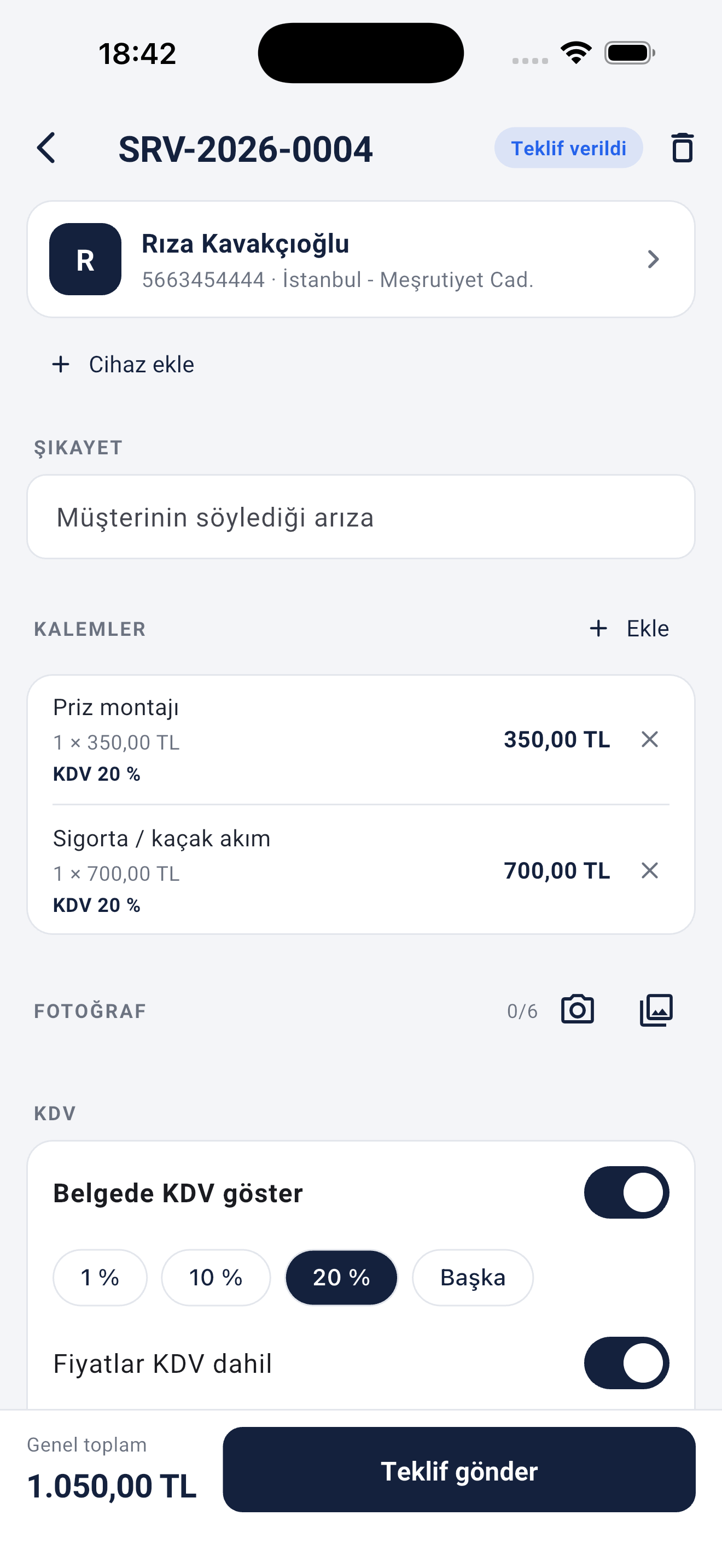 Türkçe teklif ekranı, kalemler ve toplam